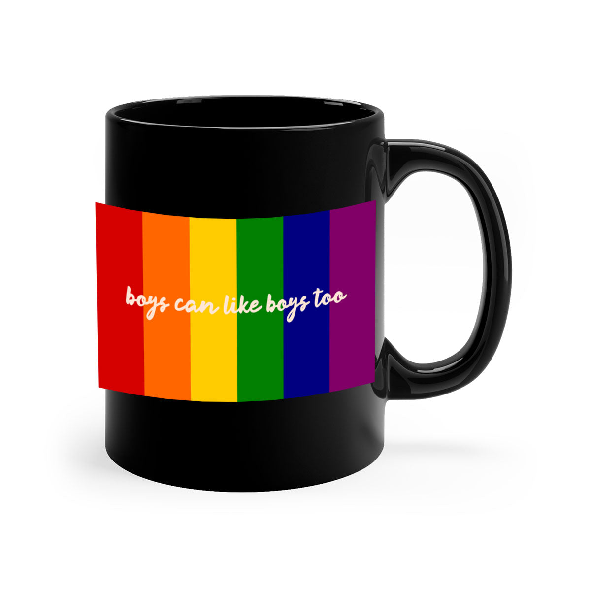 A stylish two-tone ceramic mug with the phrase 'Boys can like Boys too' in vibrant colors, featuring a colored handle and glossy finish.