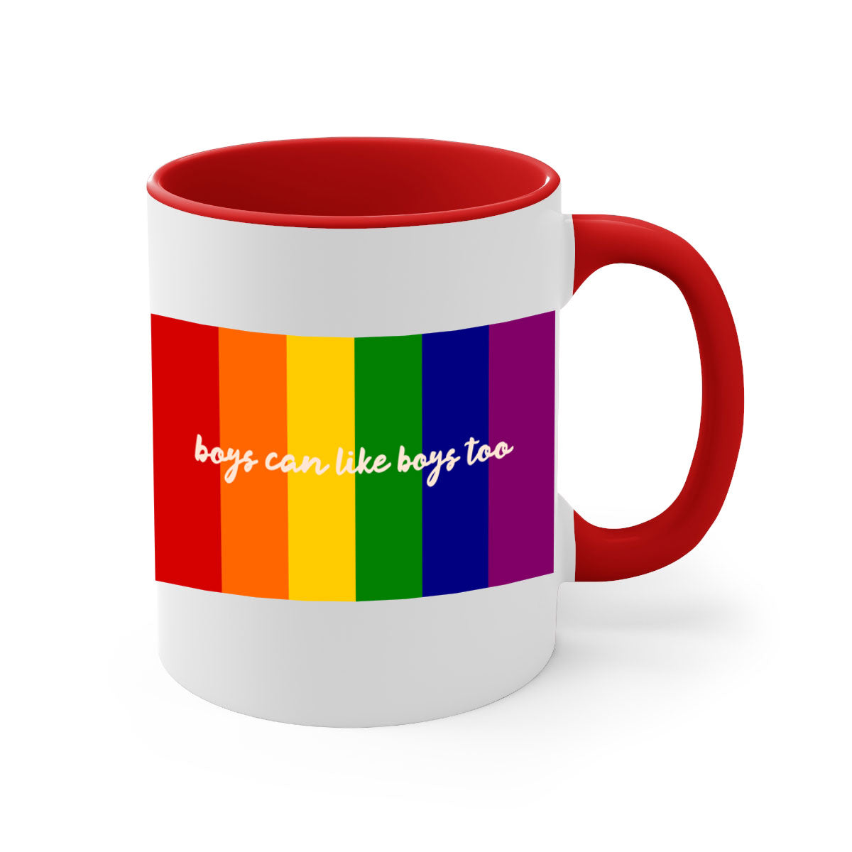 A stylish two-tone ceramic mug with the phrase 'Boys can like Boys too' in vibrant colors, featuring a colored handle and glossy finish.