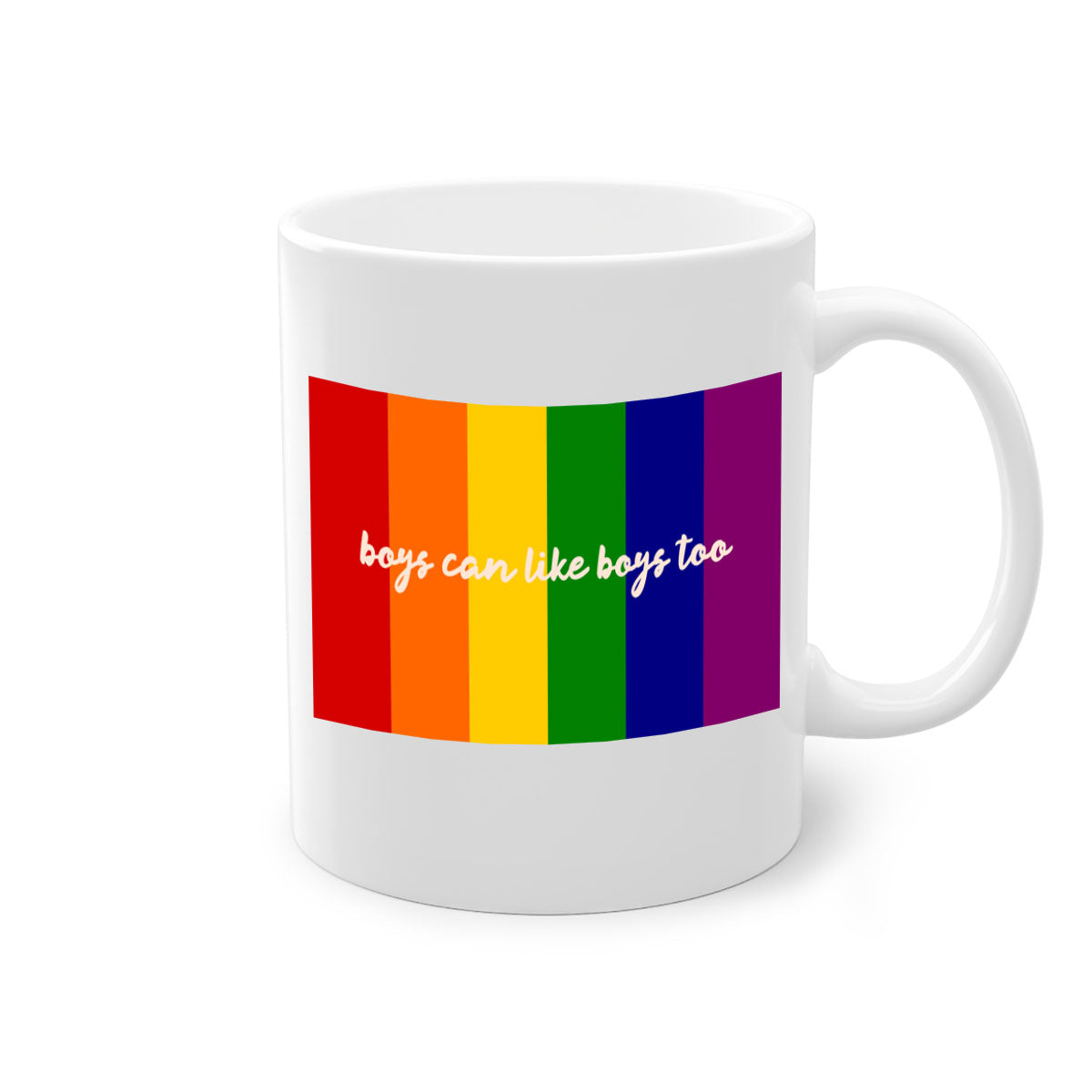 A stylish two-tone ceramic mug with the phrase 'Boys can like Boys too' in vibrant colors, featuring a colored handle and glossy finish.