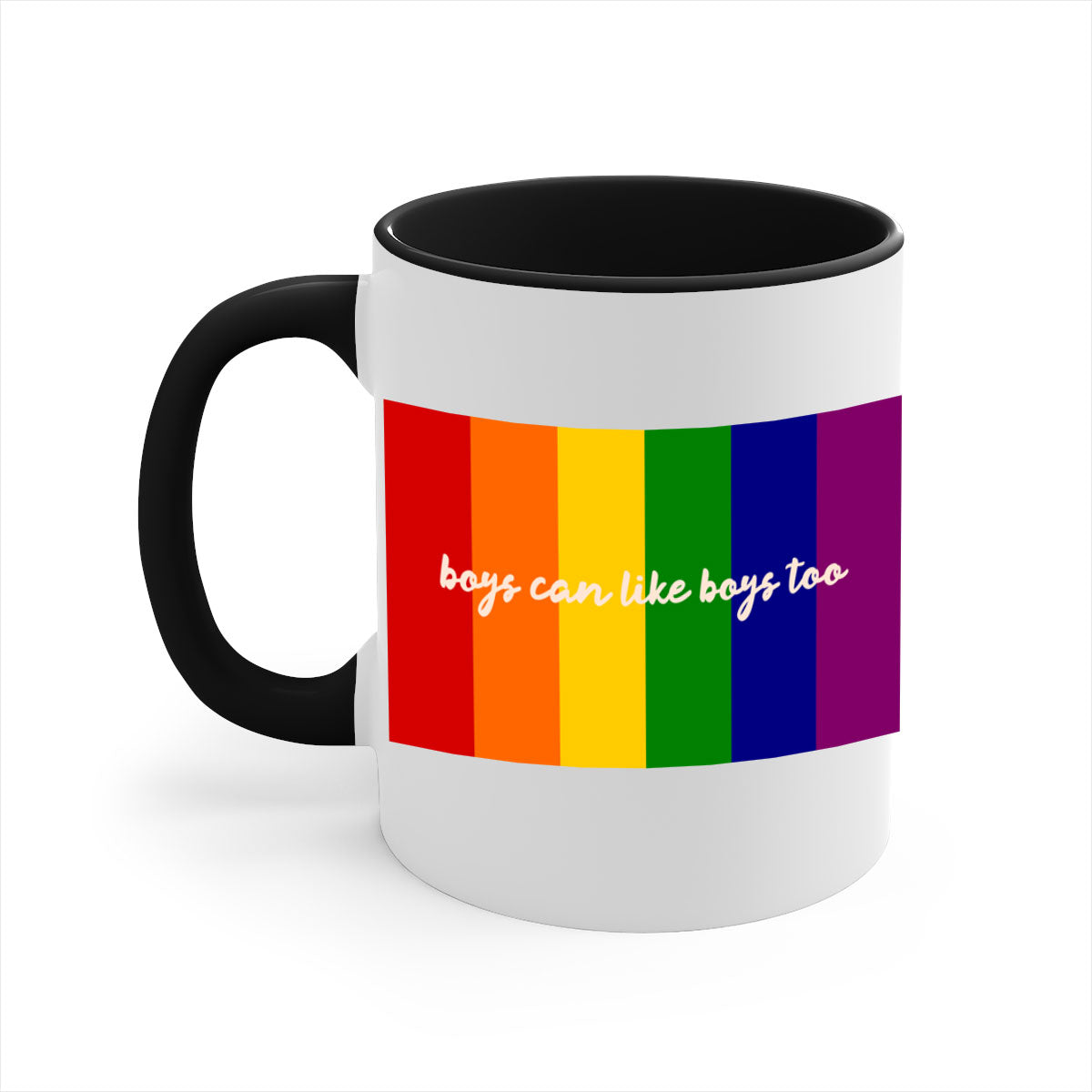 A stylish two-tone ceramic mug with the phrase 'Boys can like Boys too' in vibrant colors, featuring a colored handle and glossy finish.