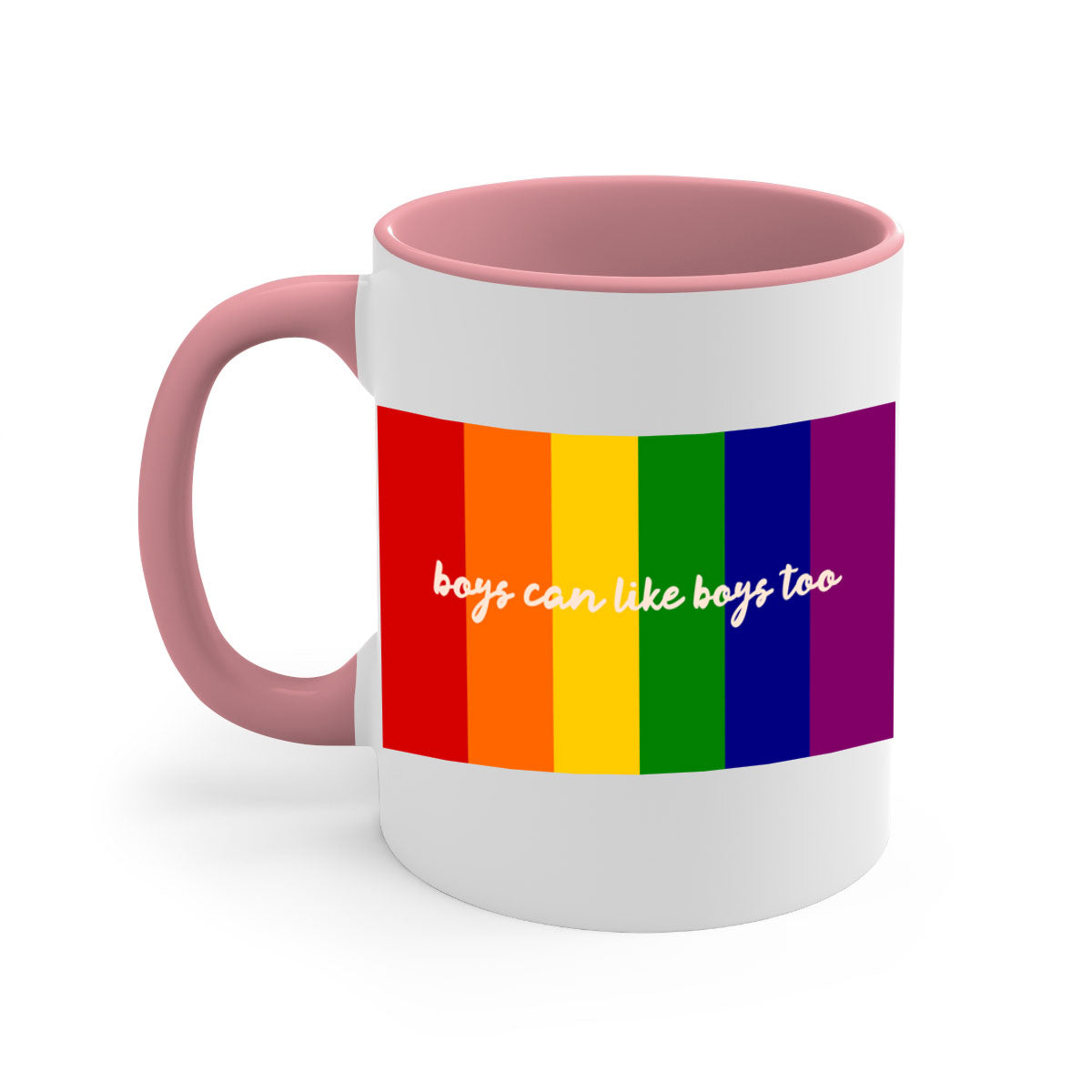 A stylish two-tone ceramic mug with the phrase 'Boys can like Boys too' in vibrant colors, featuring a colored handle and glossy finish.