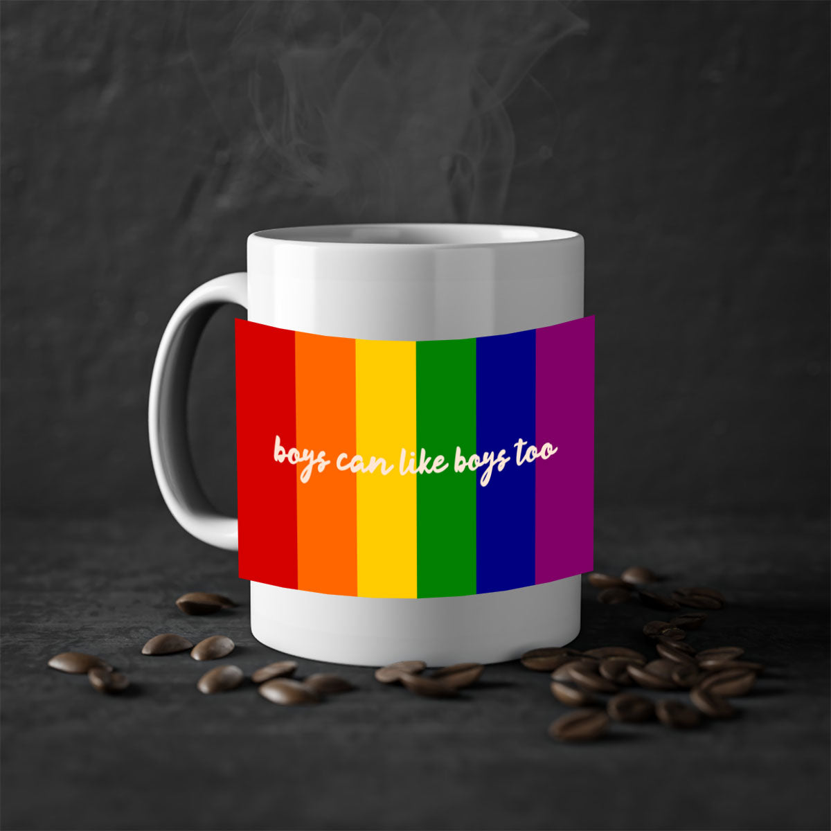 A stylish two-tone ceramic mug with the phrase 'Boys can like Boys too' in vibrant colors, featuring a colored handle and glossy finish.