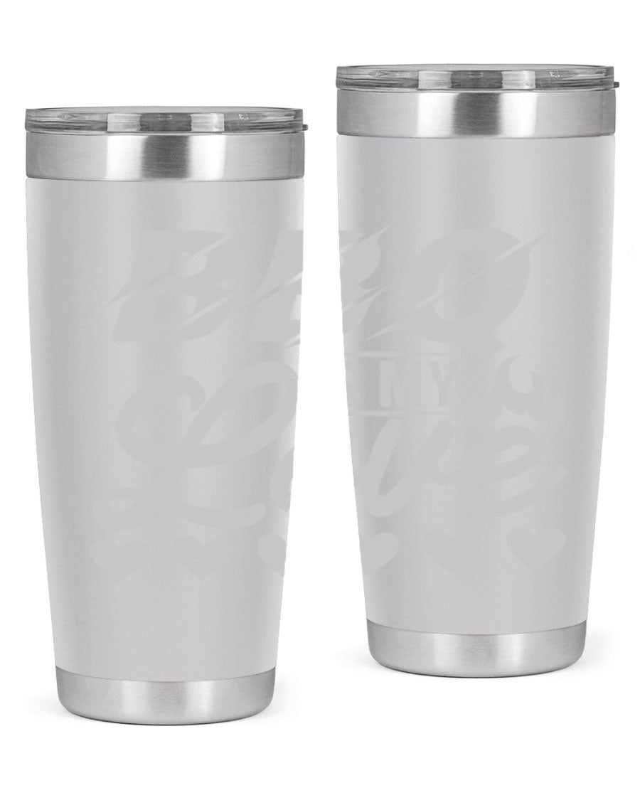 A stylish 'bbq is my love 17#' tumbler made of double wall vacuum stainless steel, featuring a drink-thru lid and a vibrant design.