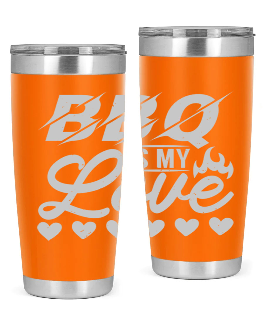 A stylish 'bbq is my love 17#' tumbler made of double wall vacuum stainless steel, featuring a drink-thru lid and a vibrant design.