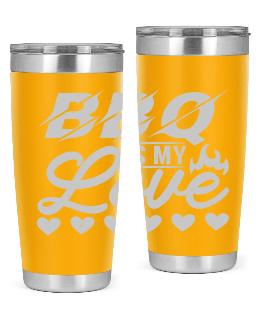 A stylish 'bbq is my love 17#' tumbler made of double wall vacuum stainless steel, featuring a drink-thru lid and a vibrant design.