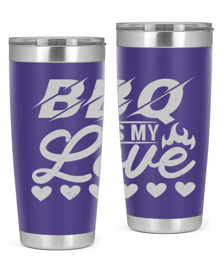 A stylish 'bbq is my love 17#' tumbler made of double wall vacuum stainless steel, featuring a drink-thru lid and a vibrant design.