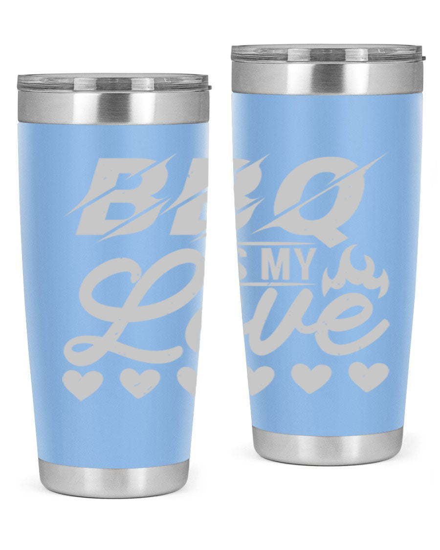 A stylish 'bbq is my love 17#' tumbler made of double wall vacuum stainless steel, featuring a drink-thru lid and a vibrant design.