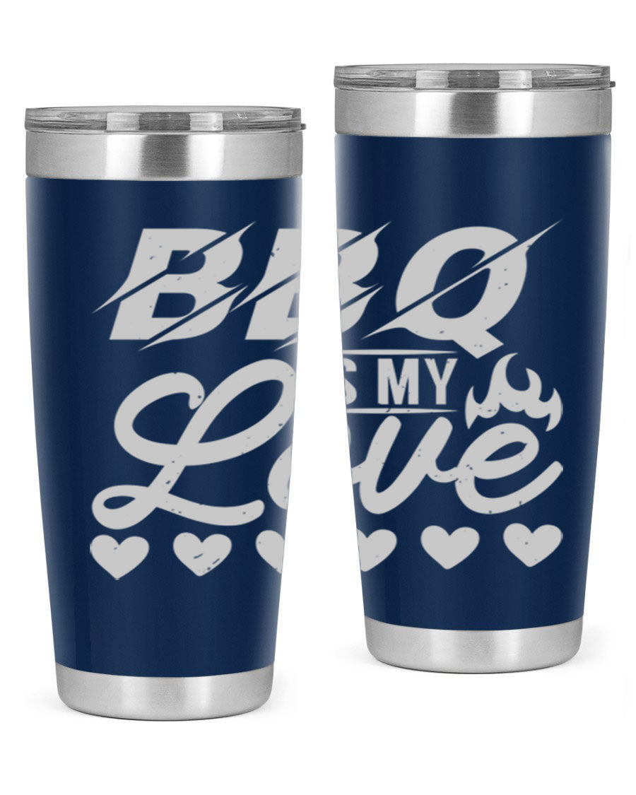 A stylish 'bbq is my love 17#' tumbler made of double wall vacuum stainless steel, featuring a drink-thru lid and a vibrant design.