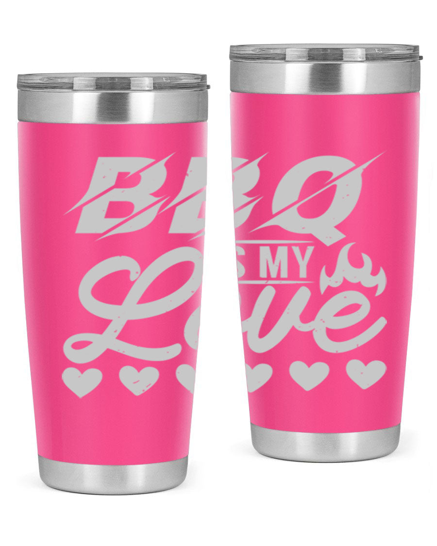 A stylish 'bbq is my love 17#' tumbler made of double wall vacuum stainless steel, featuring a drink-thru lid and a vibrant design.