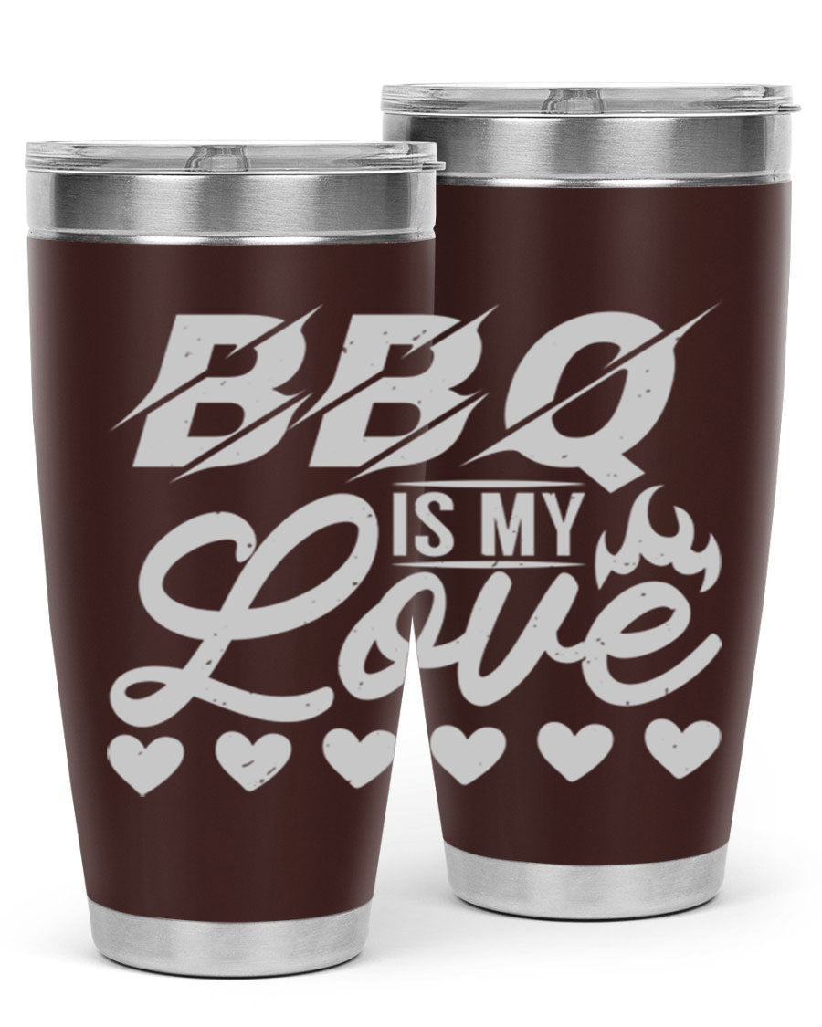 A stylish 'bbq is my love 17#' tumbler made of double wall vacuum stainless steel, featuring a drink-thru lid and a vibrant design.