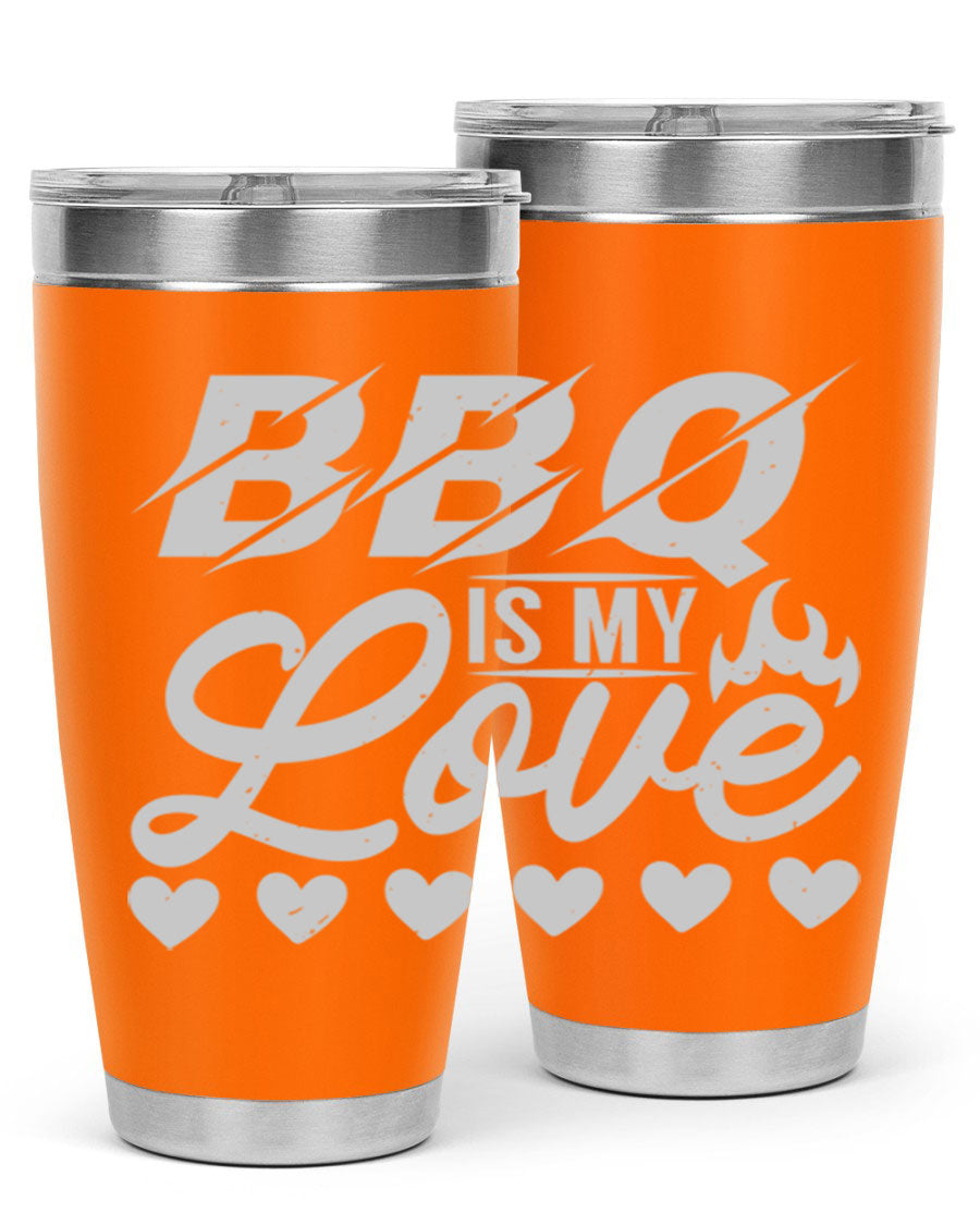 A stylish 'bbq is my love 17#' tumbler made of double wall vacuum stainless steel, featuring a drink-thru lid and a vibrant design.