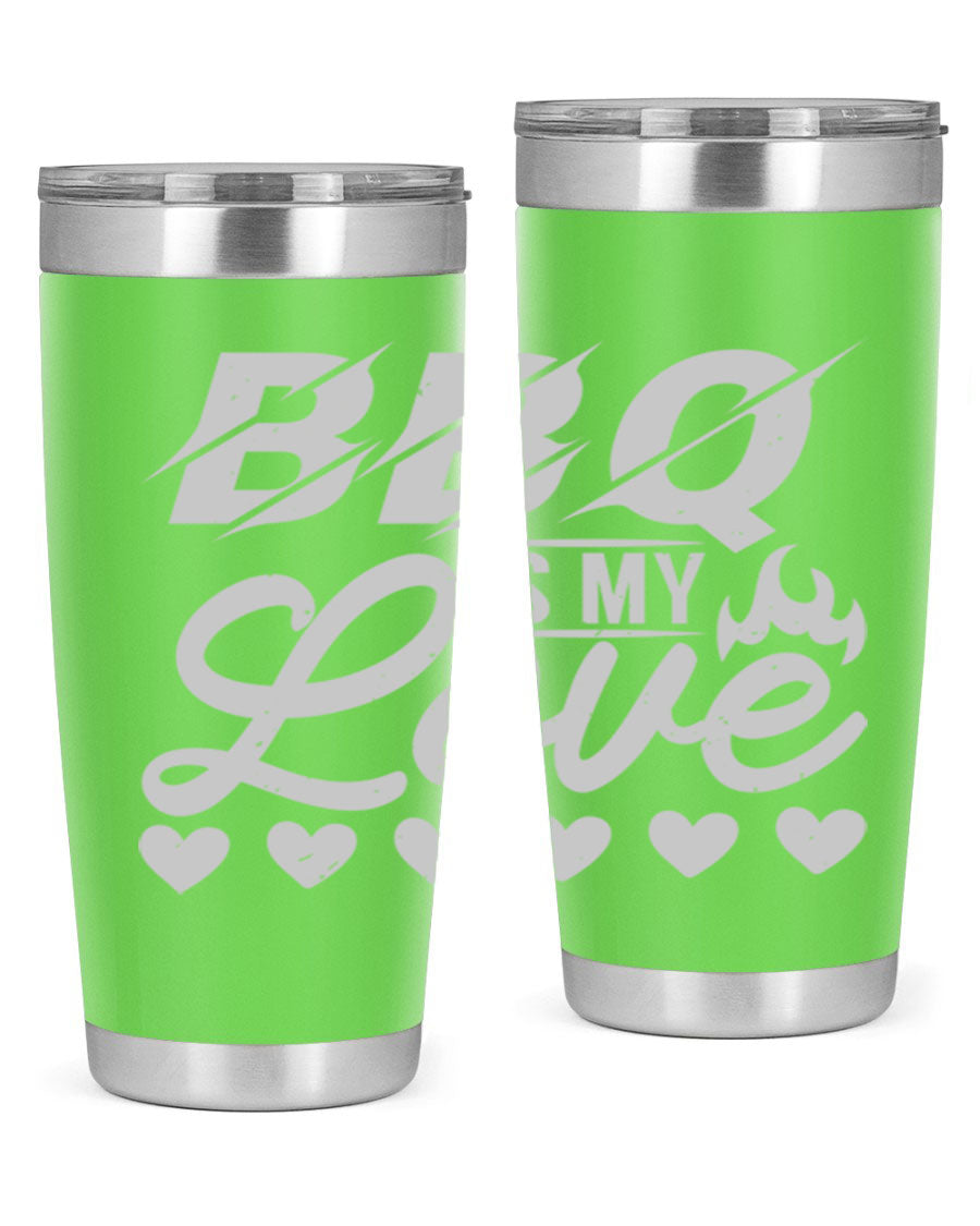 A stylish 'bbq is my love 17#' tumbler made of double wall vacuum stainless steel, featuring a drink-thru lid and a vibrant design.