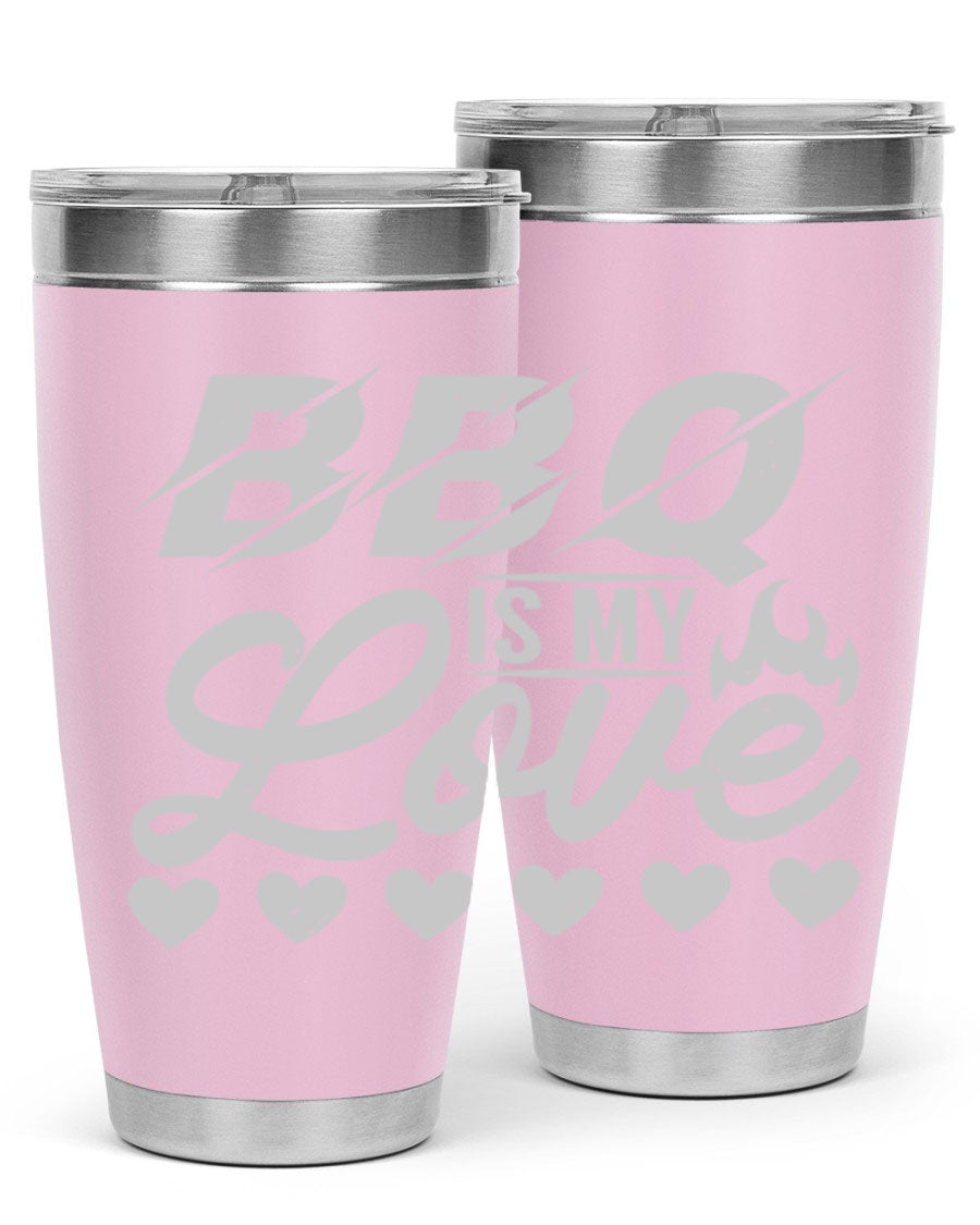 A stylish 'bbq is my love 17#' tumbler made of double wall vacuum stainless steel, featuring a drink-thru lid and a vibrant design.