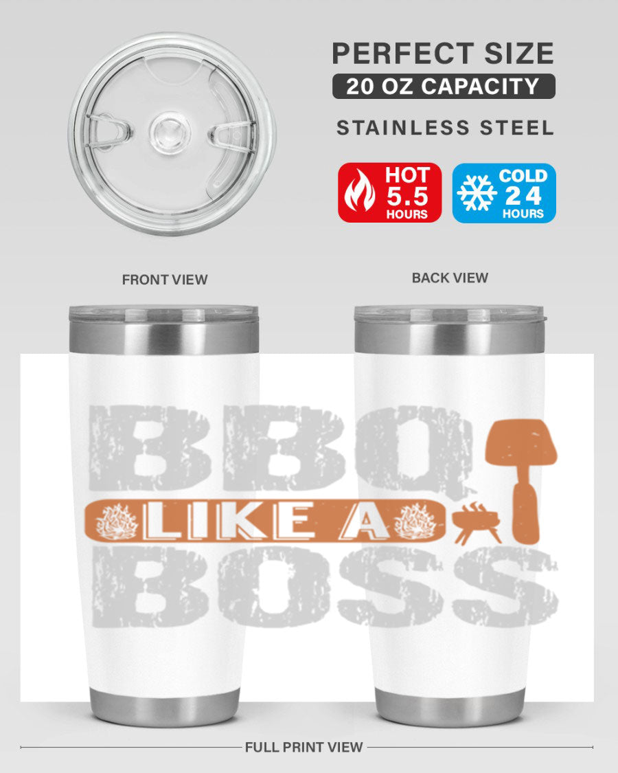 BBQ Like a Boss 20oz Tumbler in stainless steel with a drink-thru lid, showcasing its sleek design and double wall insulation.