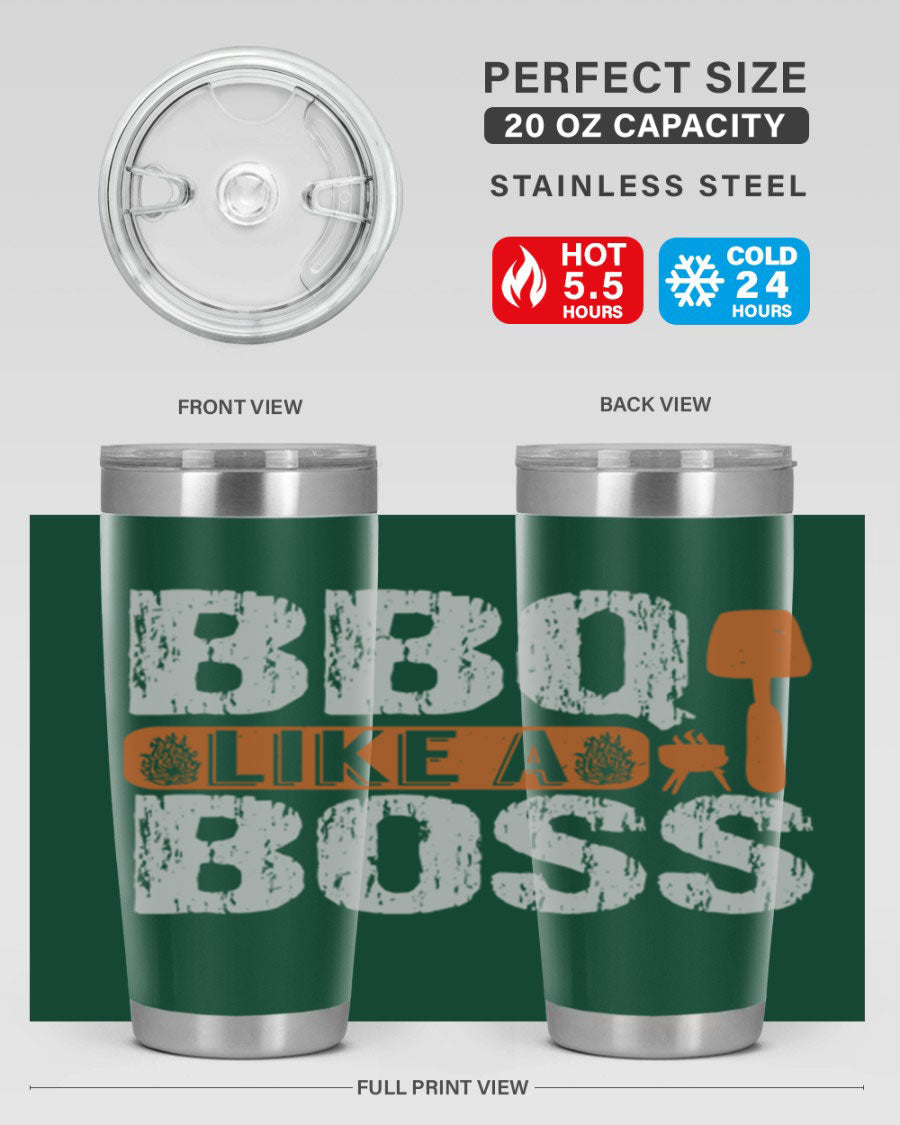 BBQ Like a Boss 20oz Tumbler in stainless steel with a drink-thru lid, showcasing its sleek design and double wall insulation.