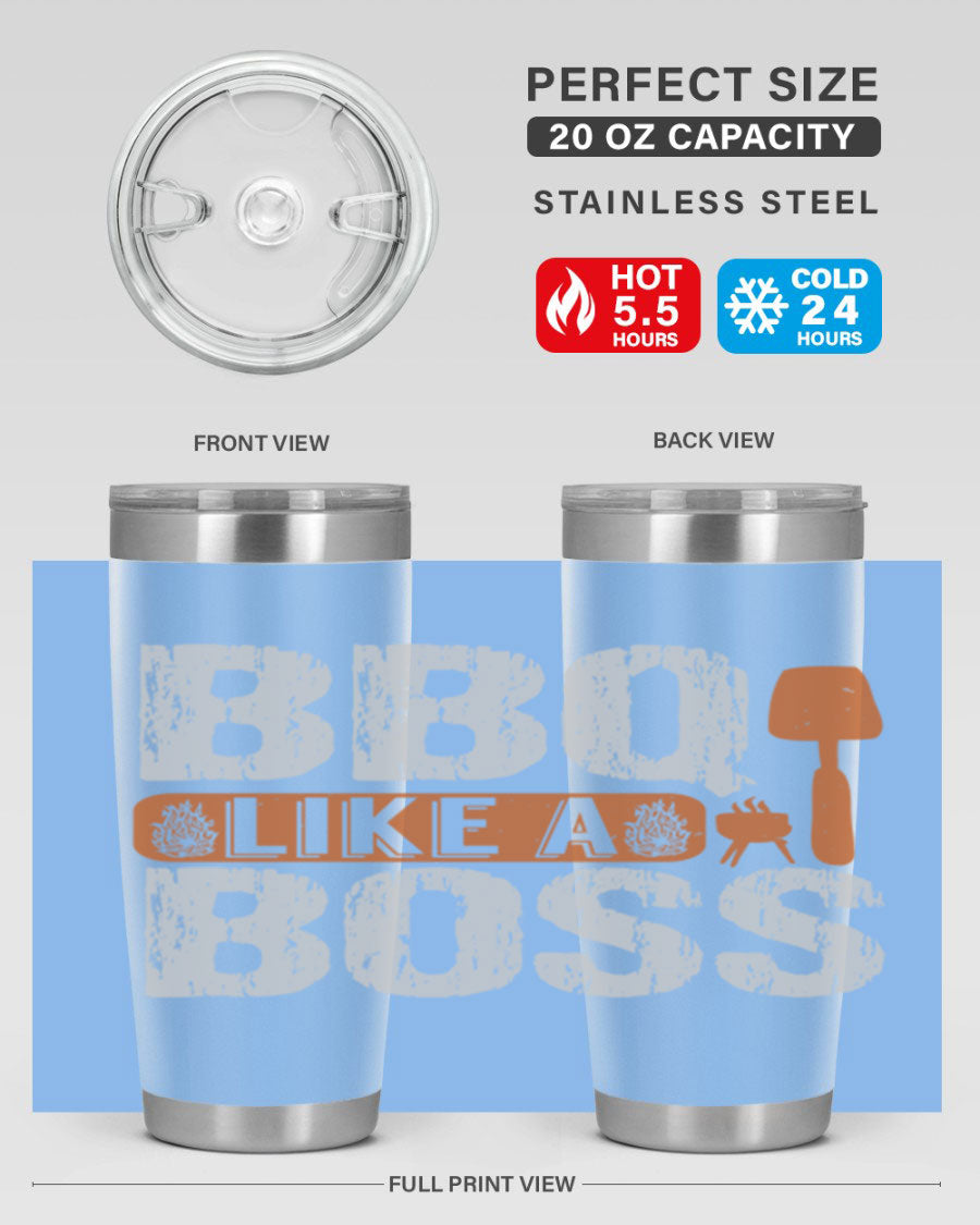 BBQ Like a Boss 20oz Tumbler in stainless steel with a drink-thru lid, showcasing its sleek design and double wall insulation.