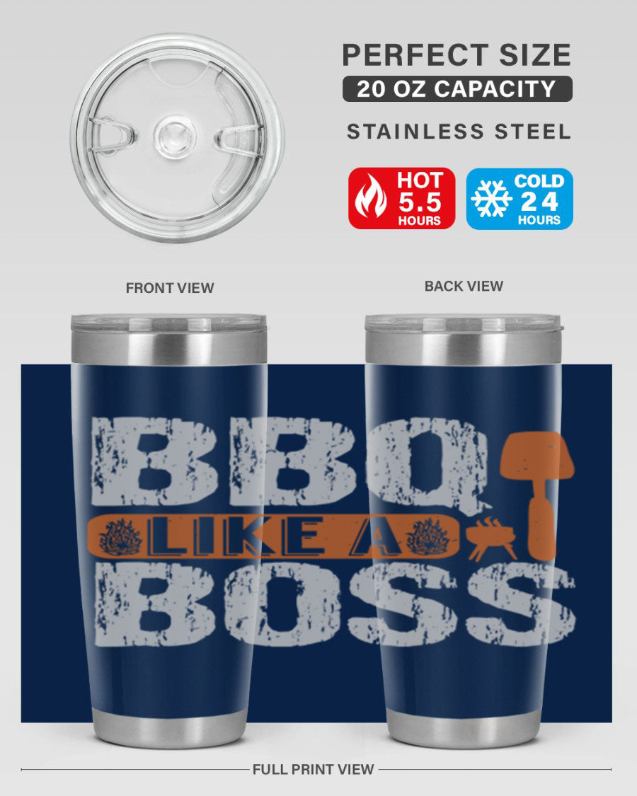 BBQ Like a Boss 20oz Tumbler in stainless steel with a drink-thru lid, showcasing its sleek design and double wall insulation.