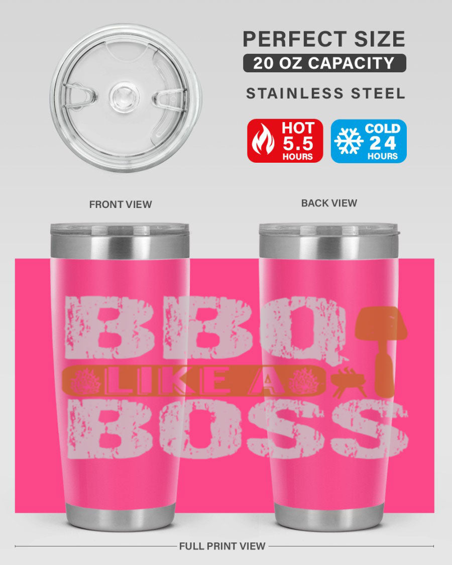 BBQ Like a Boss 20oz Tumbler in stainless steel with a drink-thru lid, showcasing its sleek design and double wall insulation.