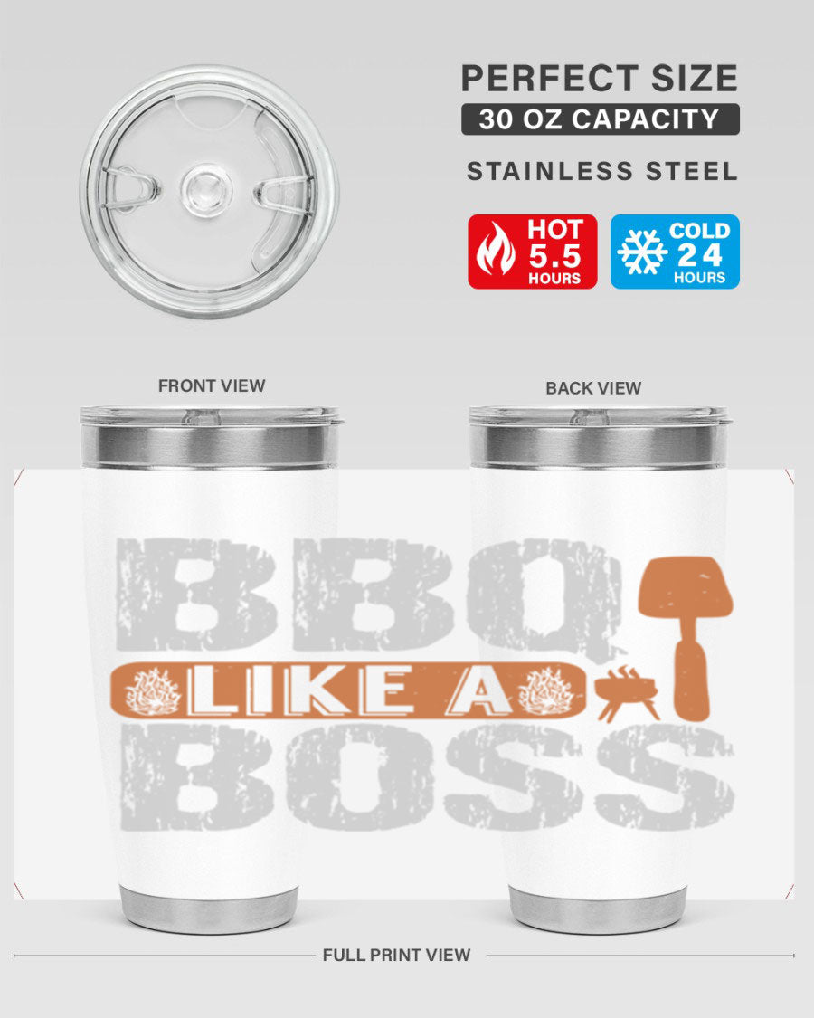 BBQ Like a Boss 20oz Tumbler in stainless steel with a drink-thru lid, showcasing its sleek design and double wall insulation.