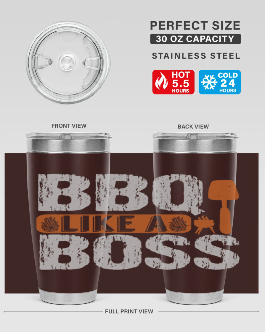 BBQ Like a Boss 20oz Tumbler in stainless steel with a drink-thru lid, showcasing its sleek design and double wall insulation.