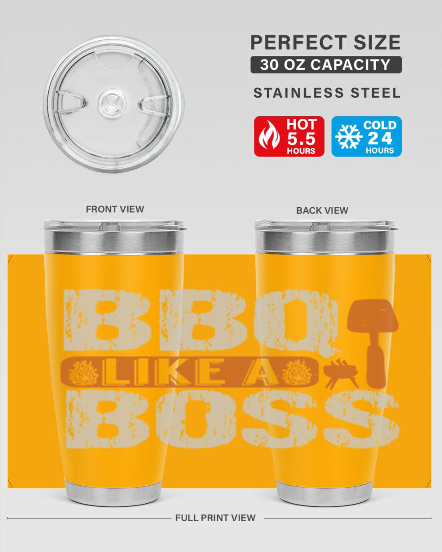 BBQ Like a Boss 20oz Tumbler in stainless steel with a drink-thru lid, showcasing its sleek design and double wall insulation.