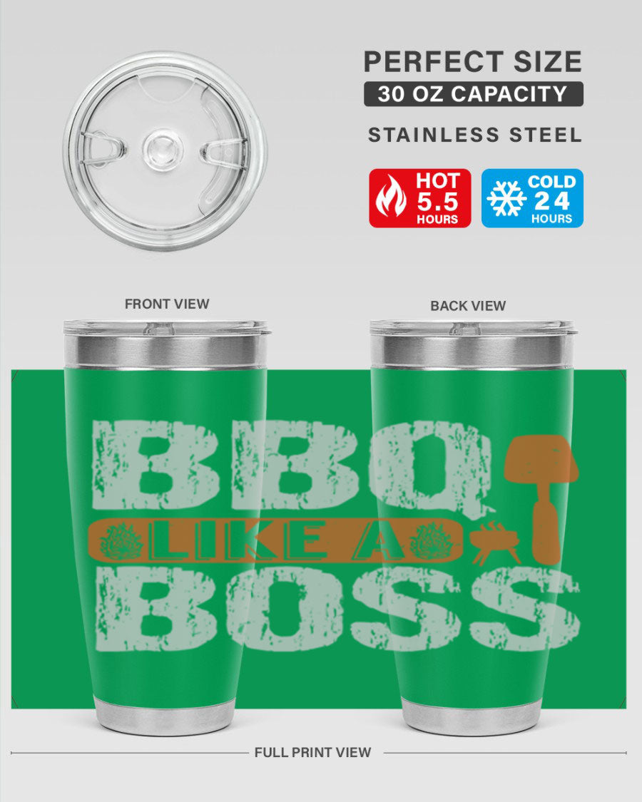 BBQ Like a Boss 20oz Tumbler in stainless steel with a drink-thru lid, showcasing its sleek design and double wall insulation.