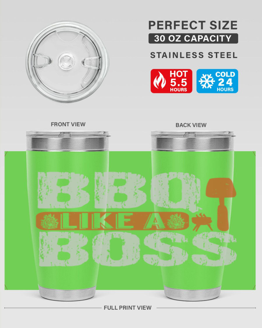 BBQ Like a Boss 20oz Tumbler in stainless steel with a drink-thru lid, showcasing its sleek design and double wall insulation.