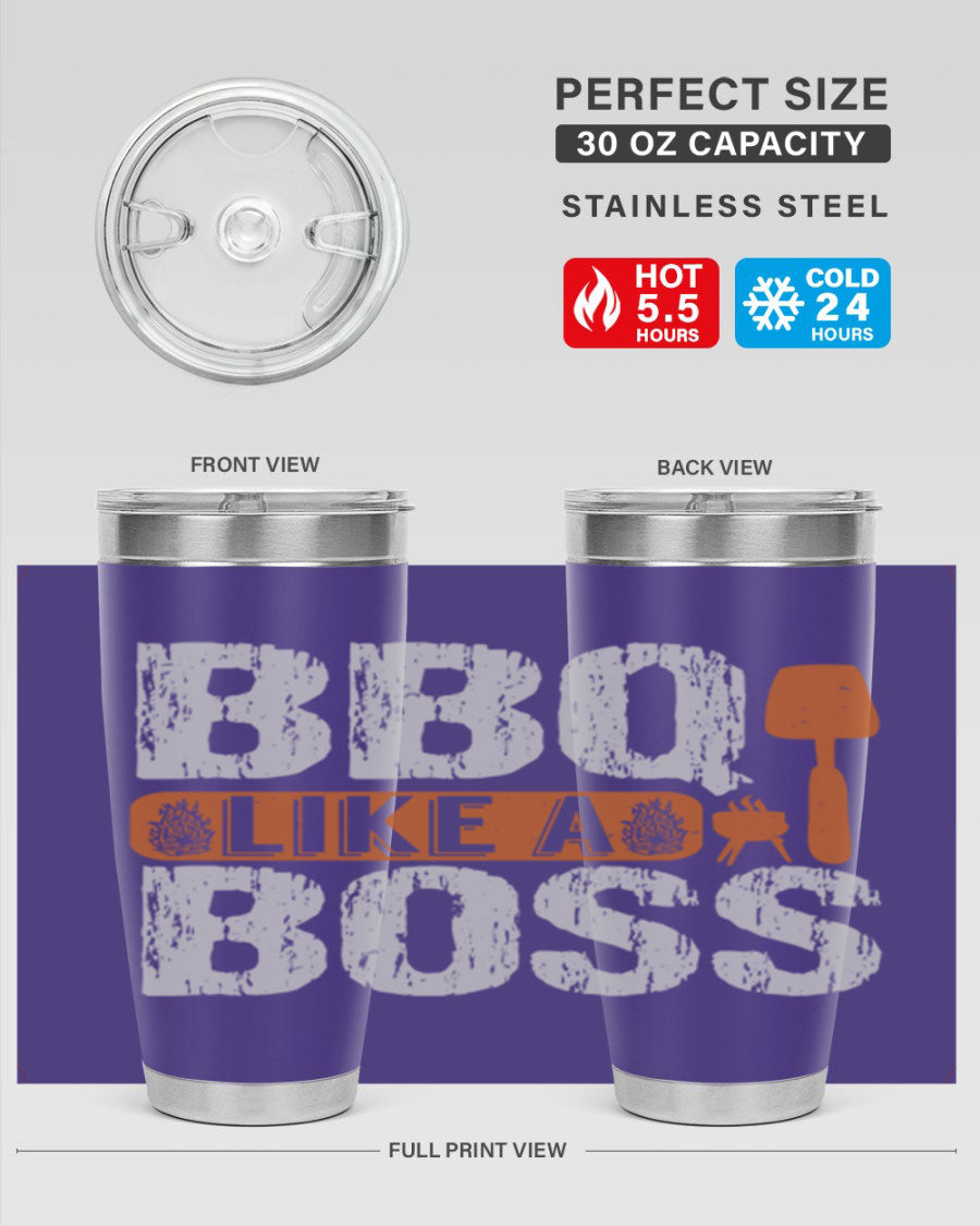 BBQ Like a Boss 20oz Tumbler in stainless steel with a drink-thru lid, showcasing its sleek design and double wall insulation.