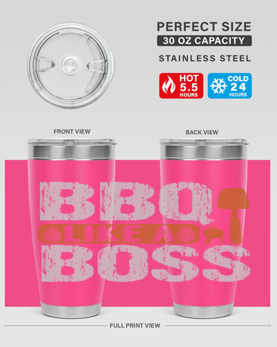 BBQ Like a Boss 20oz Tumbler in stainless steel with a drink-thru lid, showcasing its sleek design and double wall insulation.