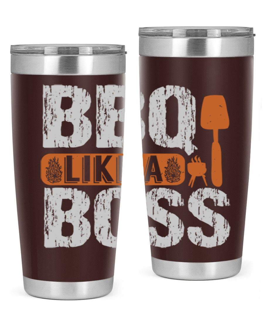 BBQ Like a Boss 20oz Tumbler in stainless steel with a drink-thru lid, showcasing its sleek design and double wall insulation.