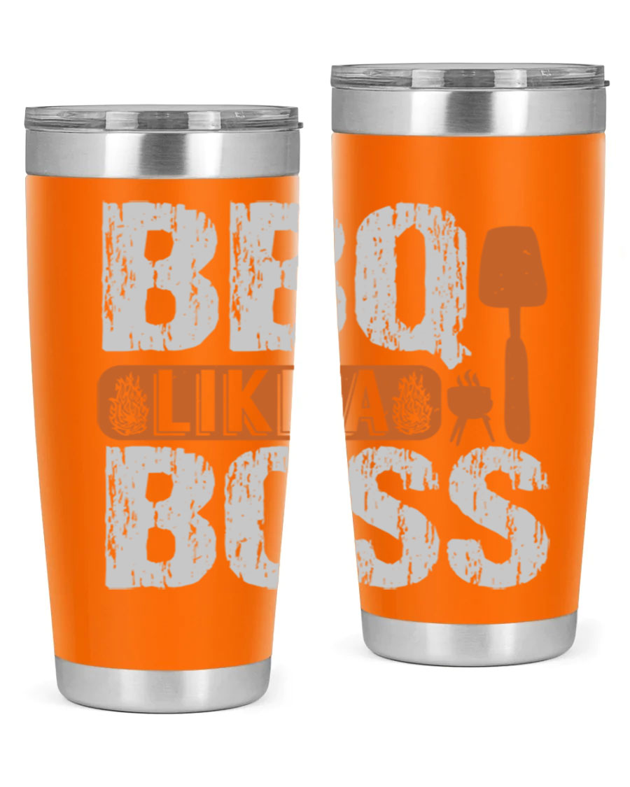 BBQ Like a Boss 20oz Tumbler in stainless steel with a drink-thru lid, showcasing its sleek design and double wall insulation.