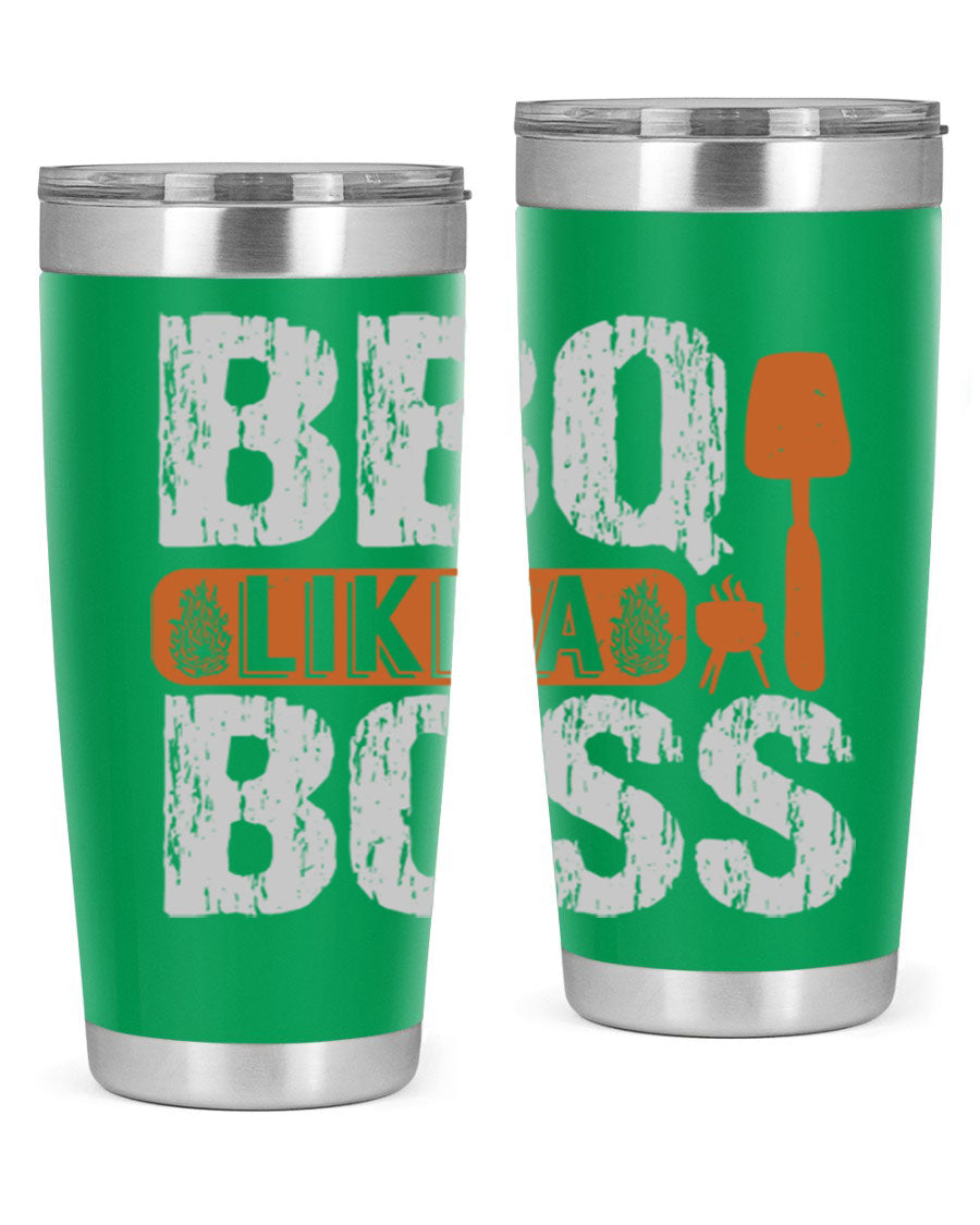 BBQ Like a Boss 20oz Tumbler in stainless steel with a drink-thru lid, showcasing its sleek design and double wall insulation.