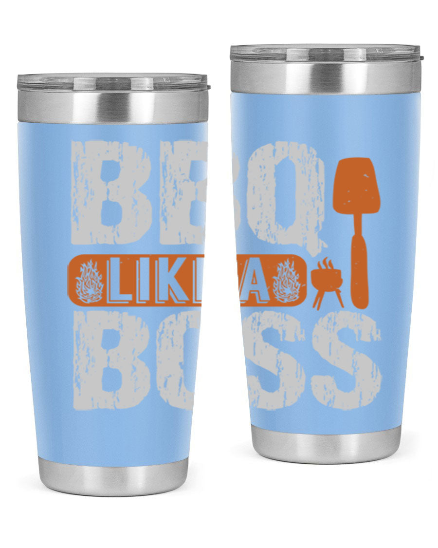 BBQ Like a Boss 20oz Tumbler in stainless steel with a drink-thru lid, showcasing its sleek design and double wall insulation.