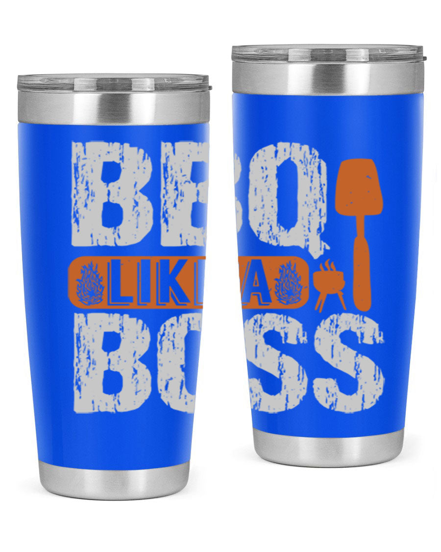 BBQ Like a Boss 20oz Tumbler in stainless steel with a drink-thru lid, showcasing its sleek design and double wall insulation.