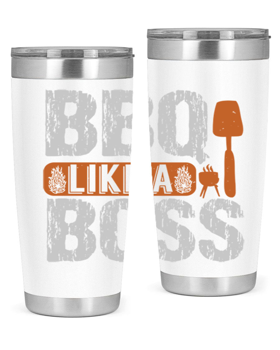 BBQ Like a Boss 20oz Tumbler in stainless steel with a drink-thru lid, showcasing its sleek design and double wall insulation.