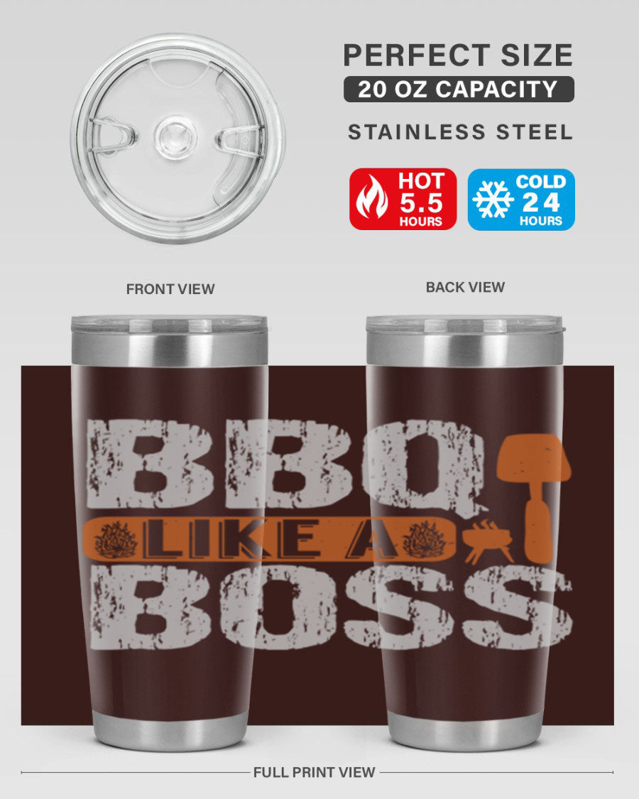 BBQ Like a Boss 20oz Tumbler in stainless steel with a drink-thru lid, showcasing its sleek design and double wall insulation.