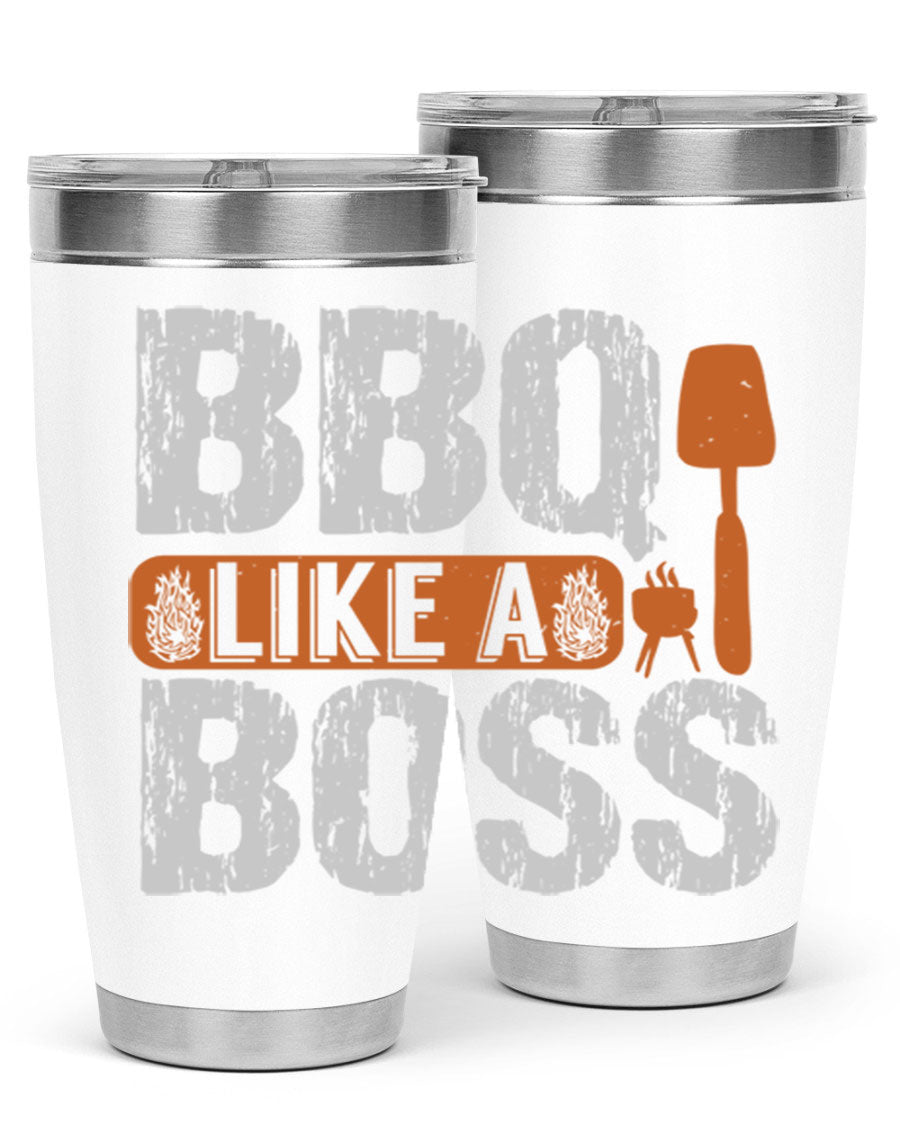 BBQ Like a Boss 20oz Tumbler in stainless steel with a drink-thru lid, showcasing its sleek design and double wall insulation.