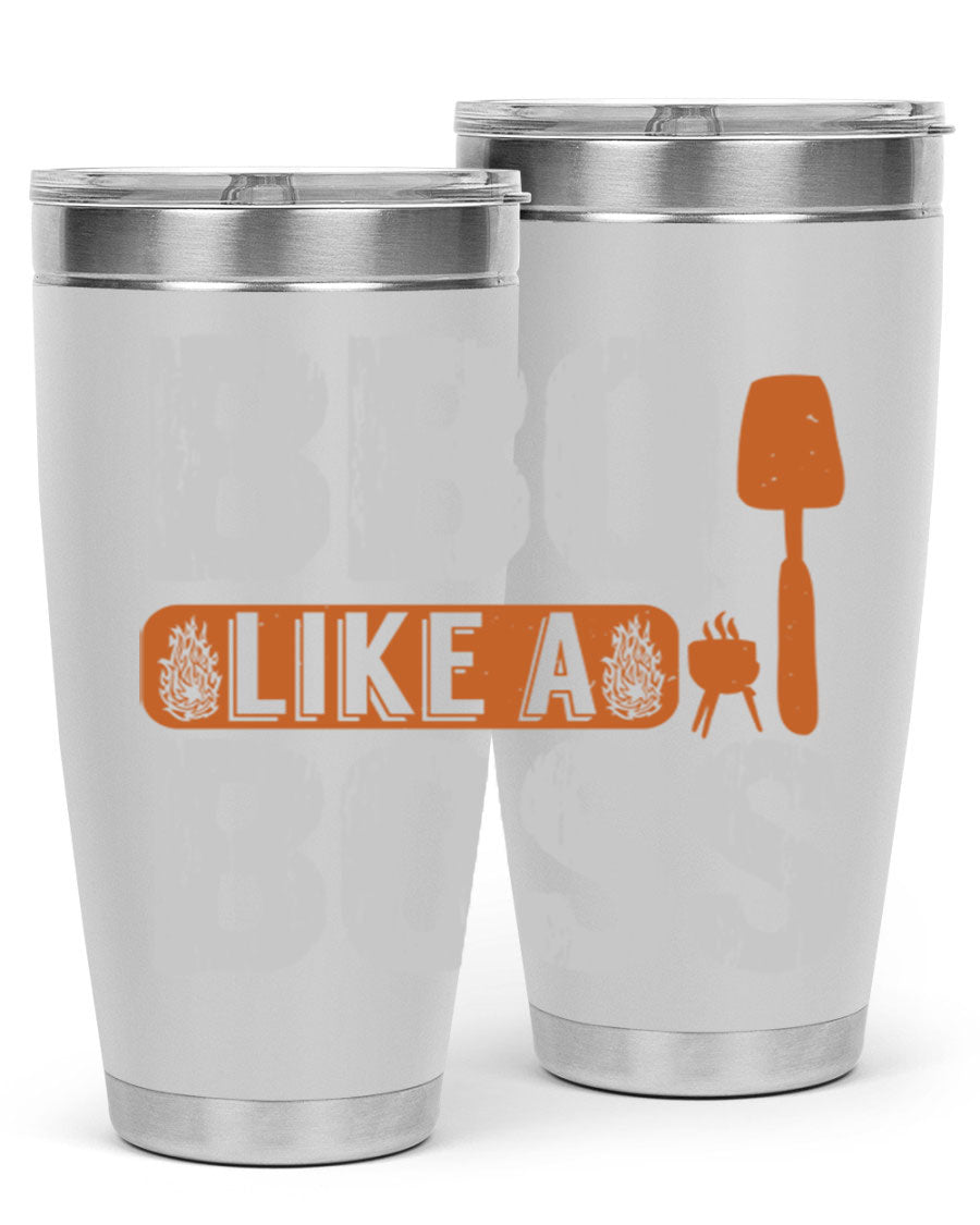 BBQ Like a Boss 20oz Tumbler in stainless steel with a drink-thru lid, showcasing its sleek design and double wall insulation.