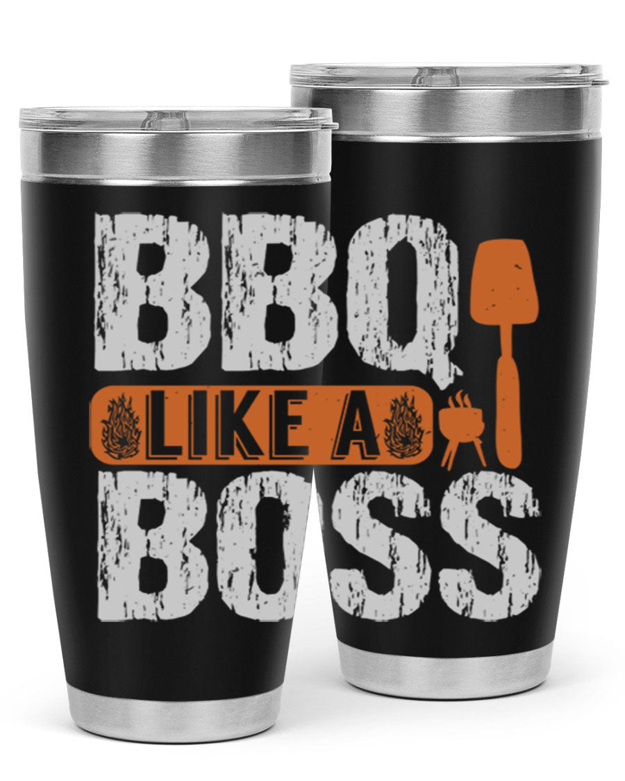 BBQ Like a Boss 20oz Tumbler in stainless steel with a drink-thru lid, showcasing its sleek design and double wall insulation.