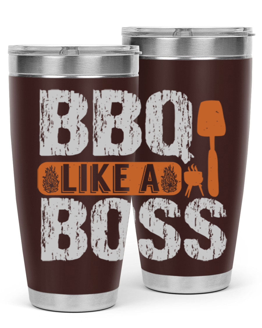 BBQ Like a Boss 20oz Tumbler in stainless steel with a drink-thru lid, showcasing its sleek design and double wall insulation.