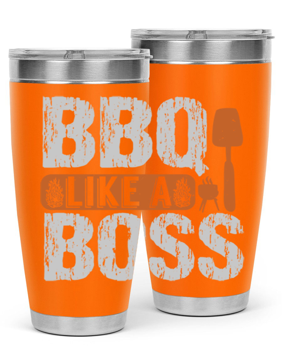 BBQ Like a Boss 20oz Tumbler in stainless steel with a drink-thru lid, showcasing its sleek design and double wall insulation.