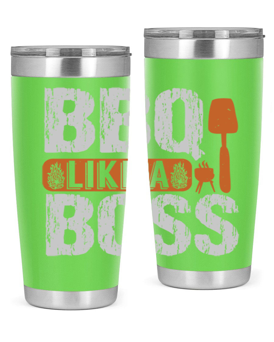 BBQ Like a Boss 20oz Tumbler in stainless steel with a drink-thru lid, showcasing its sleek design and double wall insulation.