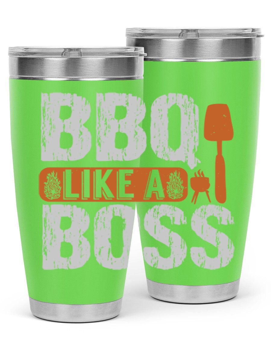 BBQ Like a Boss 20oz Tumbler in stainless steel with a drink-thru lid, showcasing its sleek design and double wall insulation.