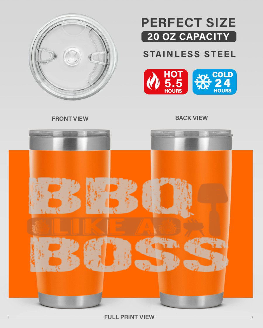 BBQ Like a Boss 20oz Tumbler in stainless steel with a drink-thru lid, showcasing its sleek design and double wall insulation.