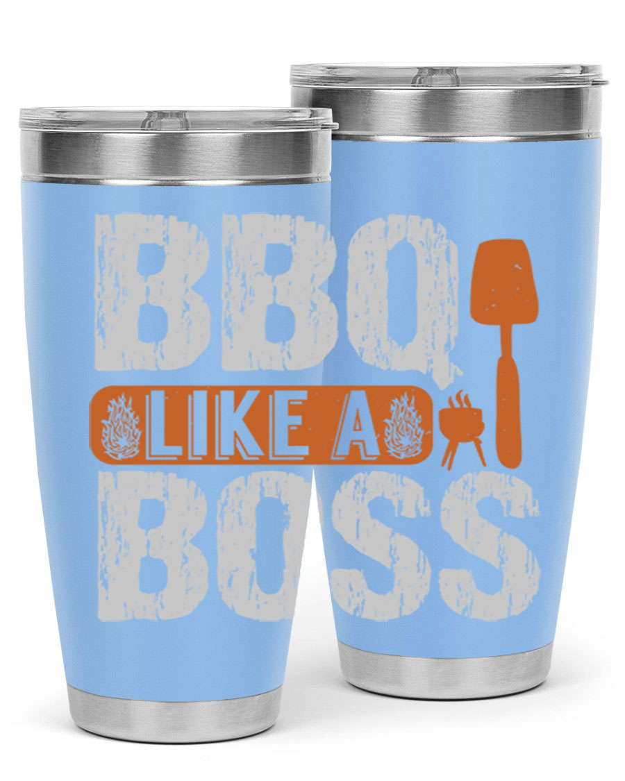 BBQ Like a Boss 20oz Tumbler in stainless steel with a drink-thru lid, showcasing its sleek design and double wall insulation.