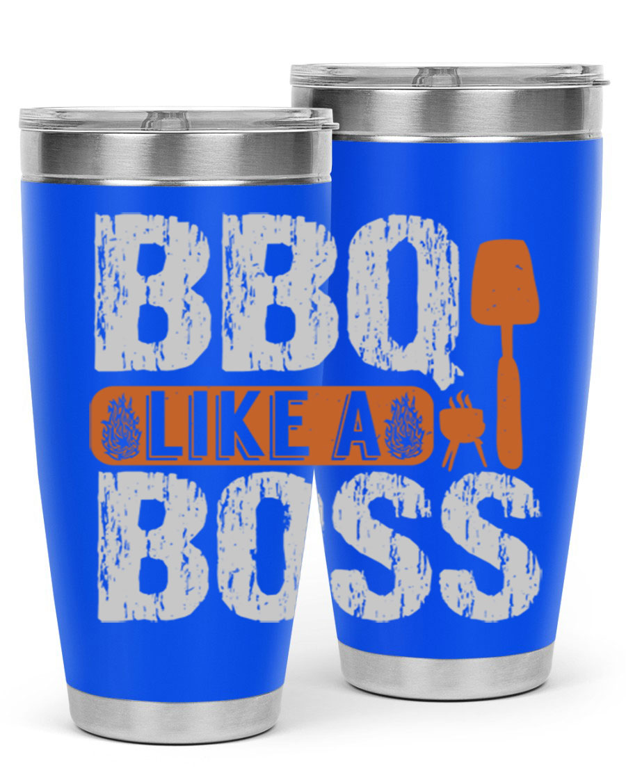 BBQ Like a Boss 20oz Tumbler in stainless steel with a drink-thru lid, showcasing its sleek design and double wall insulation.