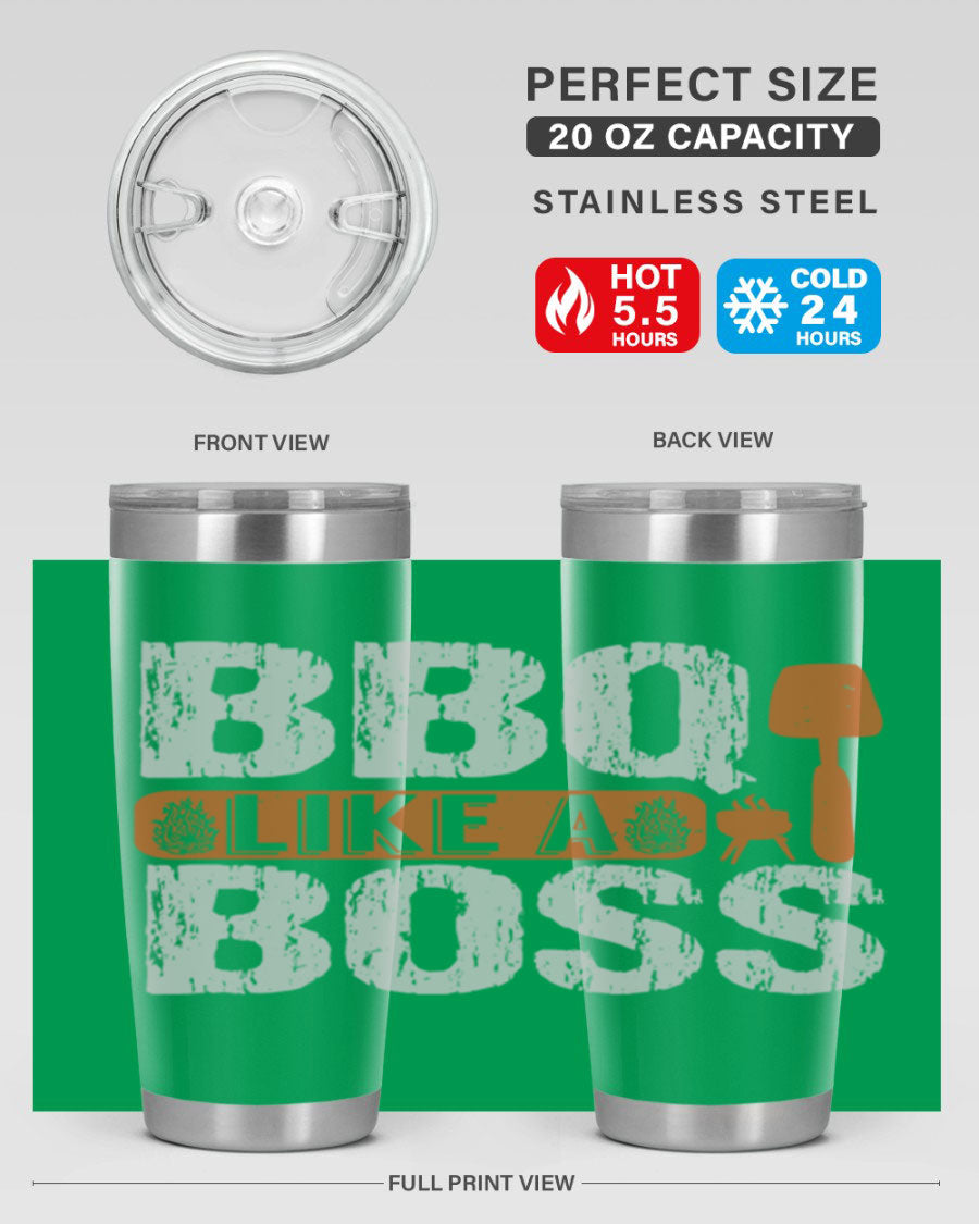 BBQ Like a Boss 20oz Tumbler in stainless steel with a drink-thru lid, showcasing its sleek design and double wall insulation.