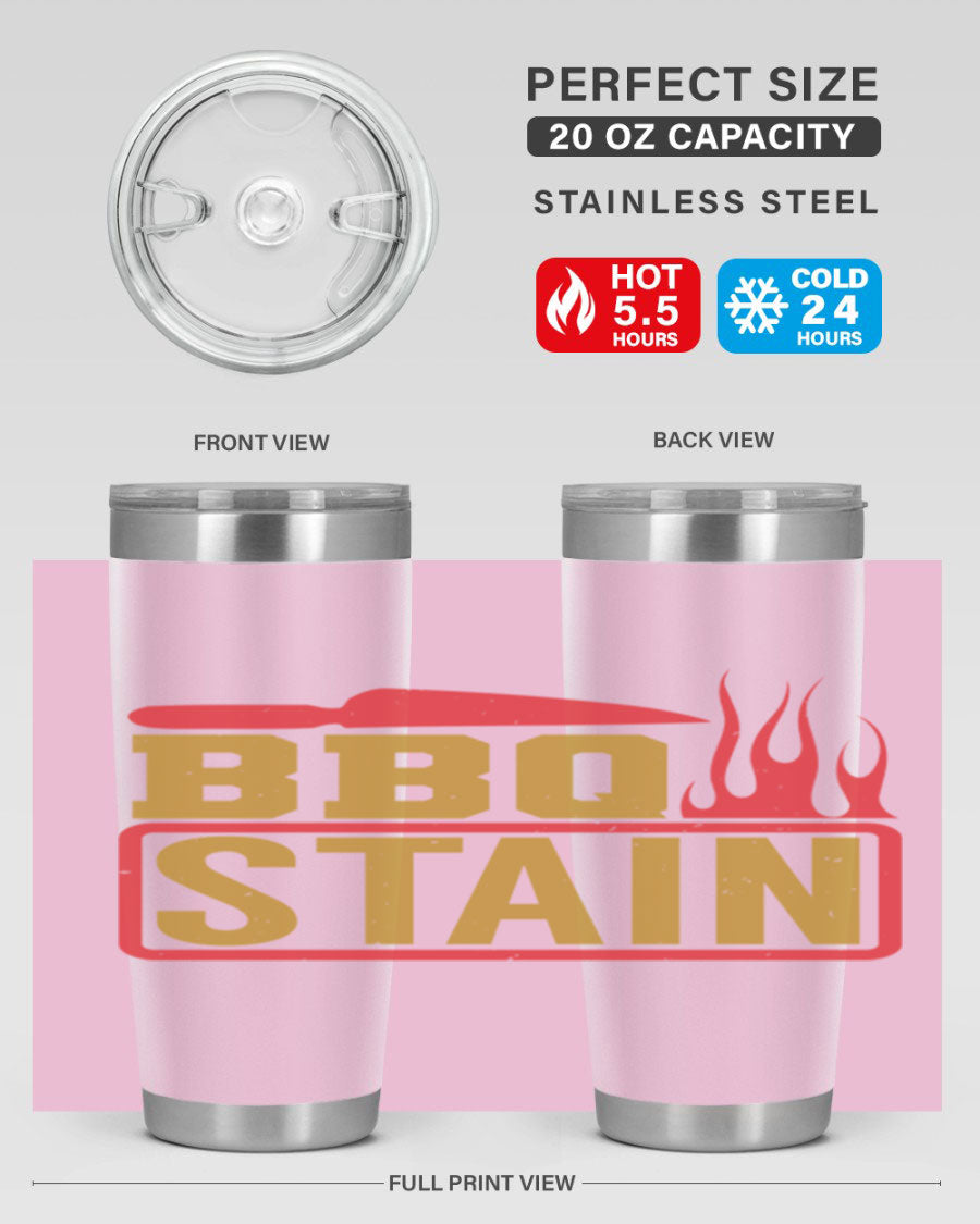 BBQ Stain 3# Tumbler in stainless steel with a drink-thru lid, showcasing its double wall vacuum insulation and sleek design.