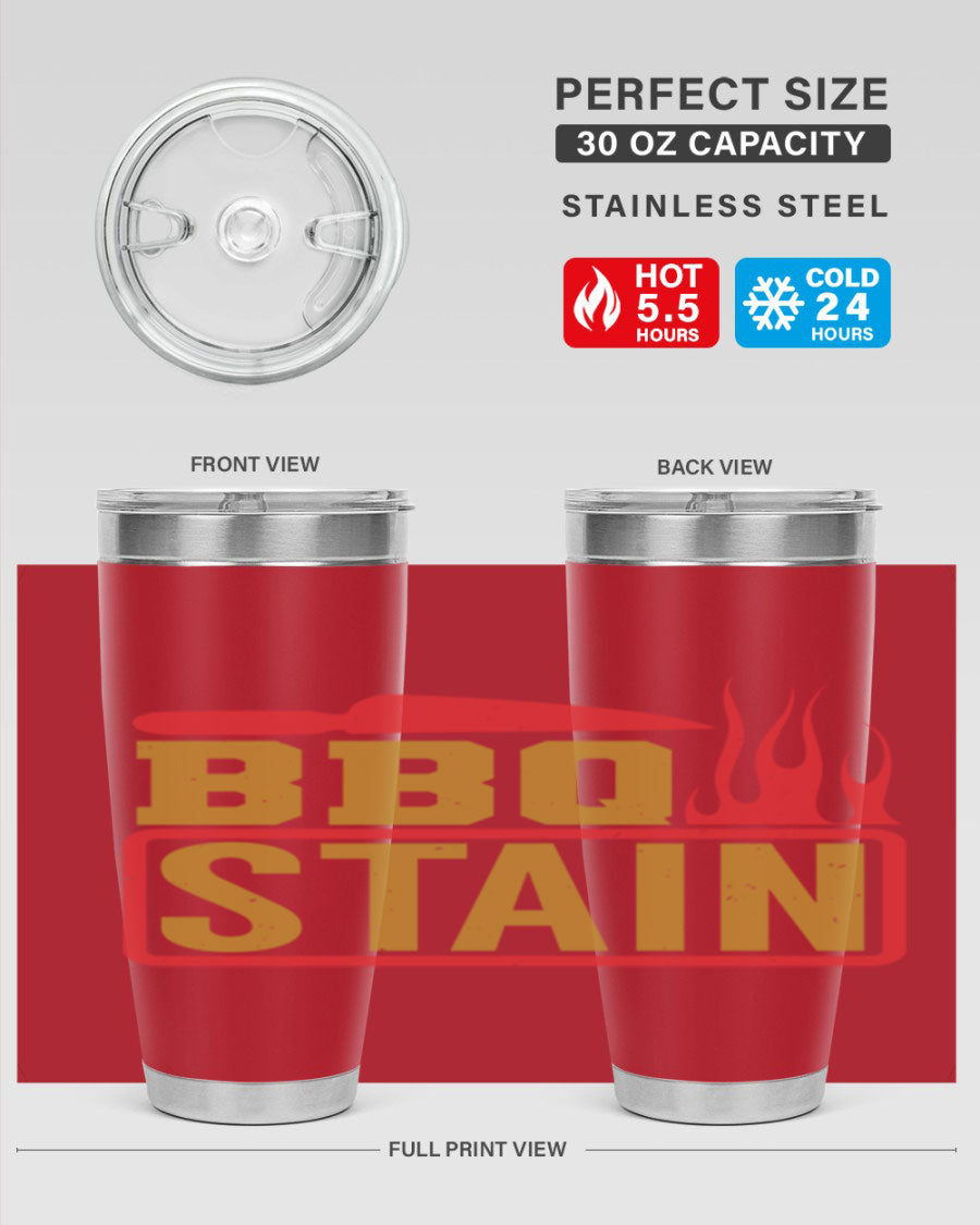 BBQ Stain 3# Tumbler in stainless steel with a drink-thru lid, showcasing its double wall vacuum insulation and sleek design.