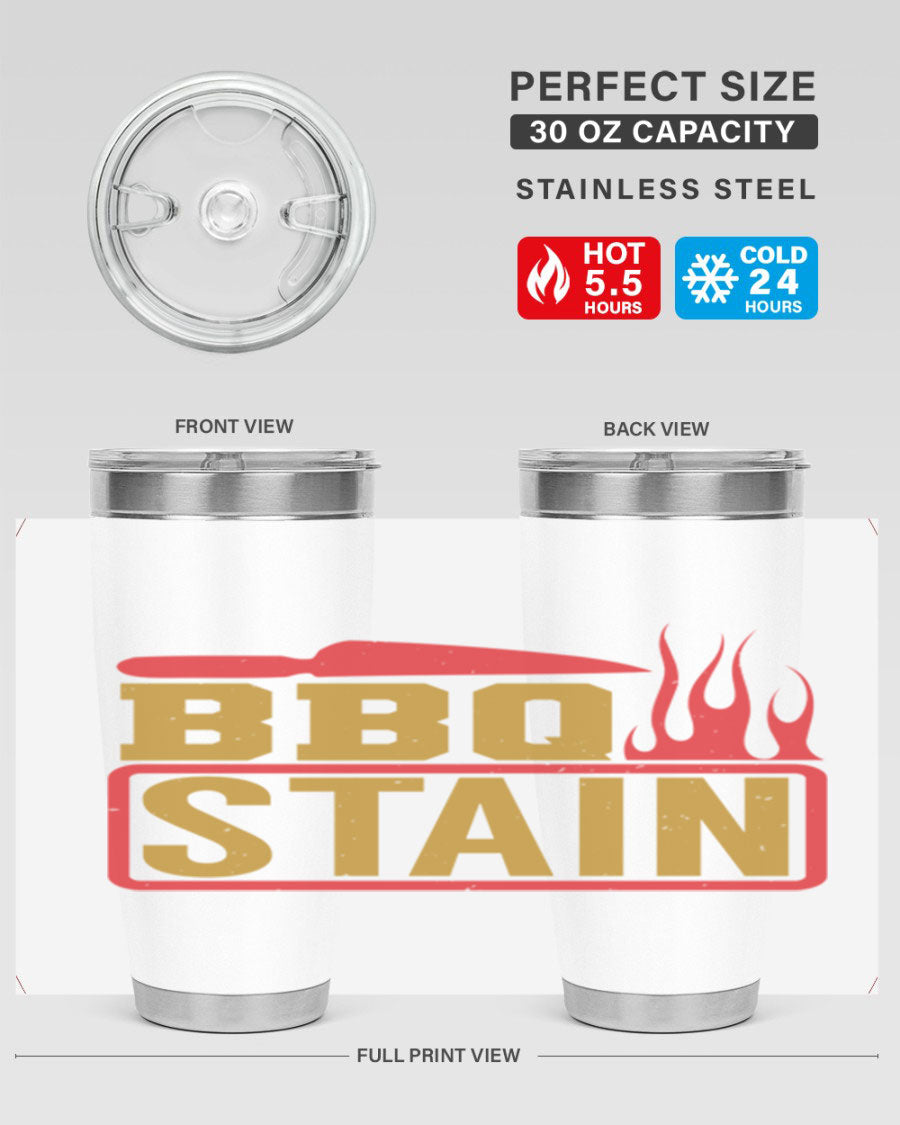 BBQ Stain 3# Tumbler in stainless steel with a drink-thru lid, showcasing its double wall vacuum insulation and sleek design.